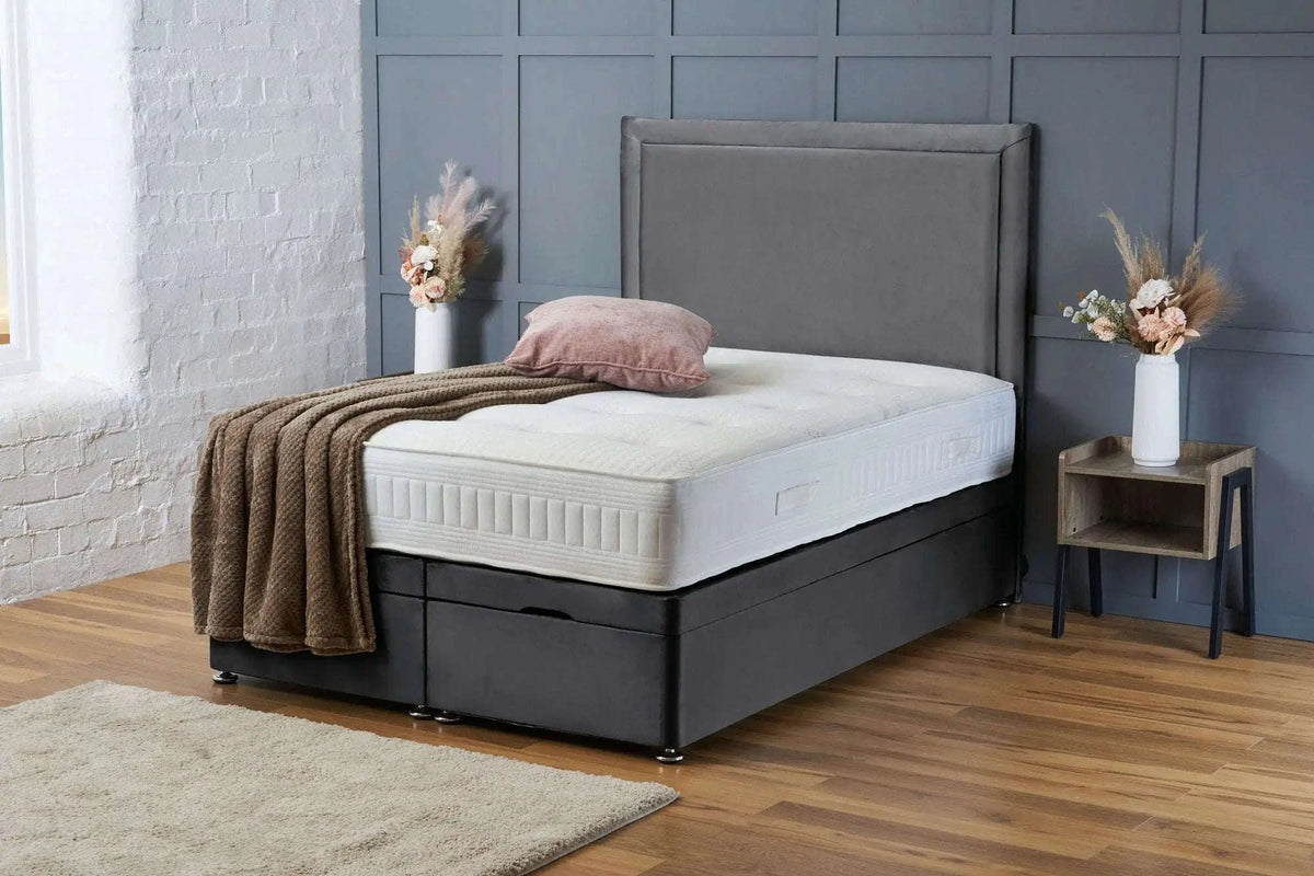 Ella Upholstered Ottoman Storage Bed with Headboard – Gas Lift – Steel Plush Velvet Bsspoke