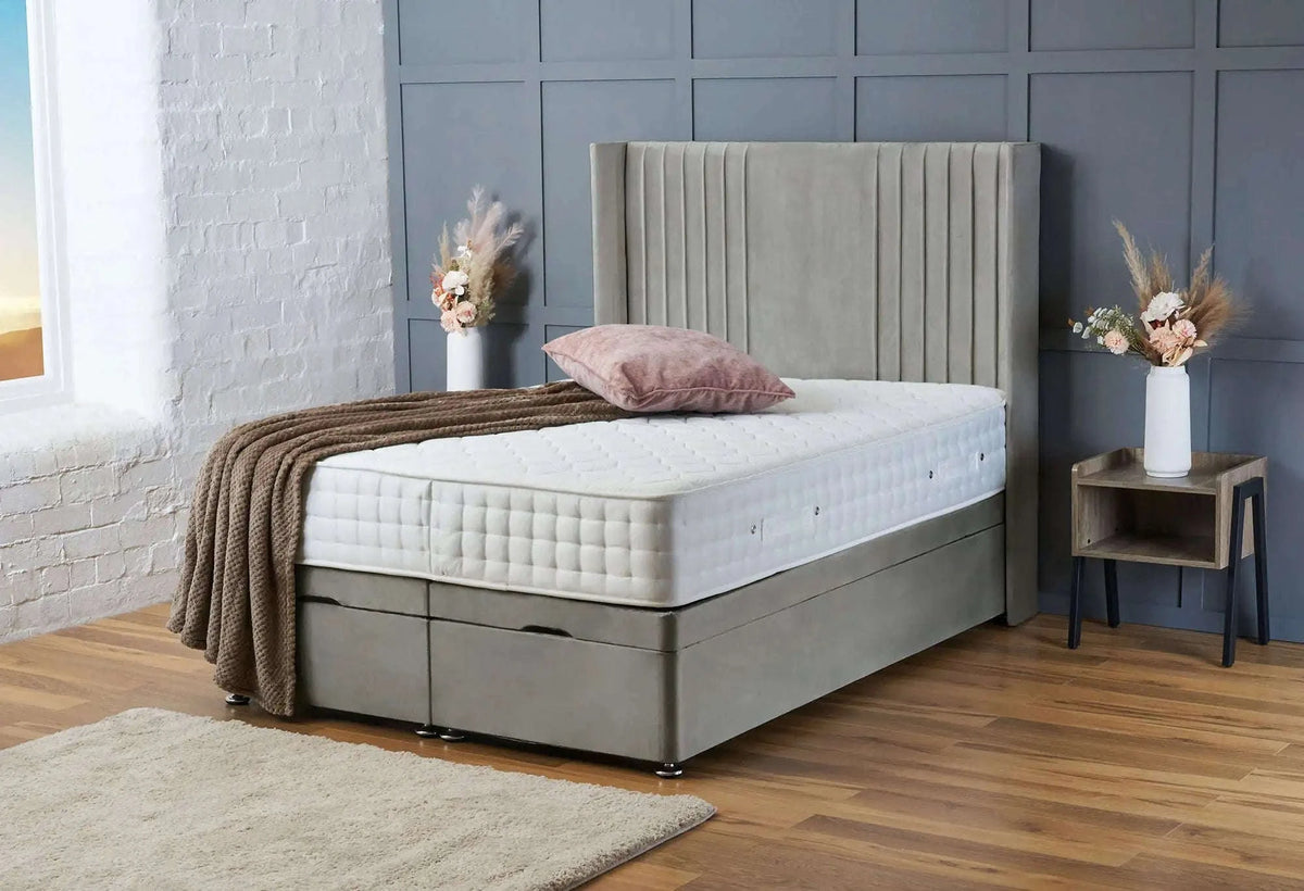 Charlotte Winged Headboard Ottoman Storage Bed – Gas Lift Divan – Silver Plush Bsspoke