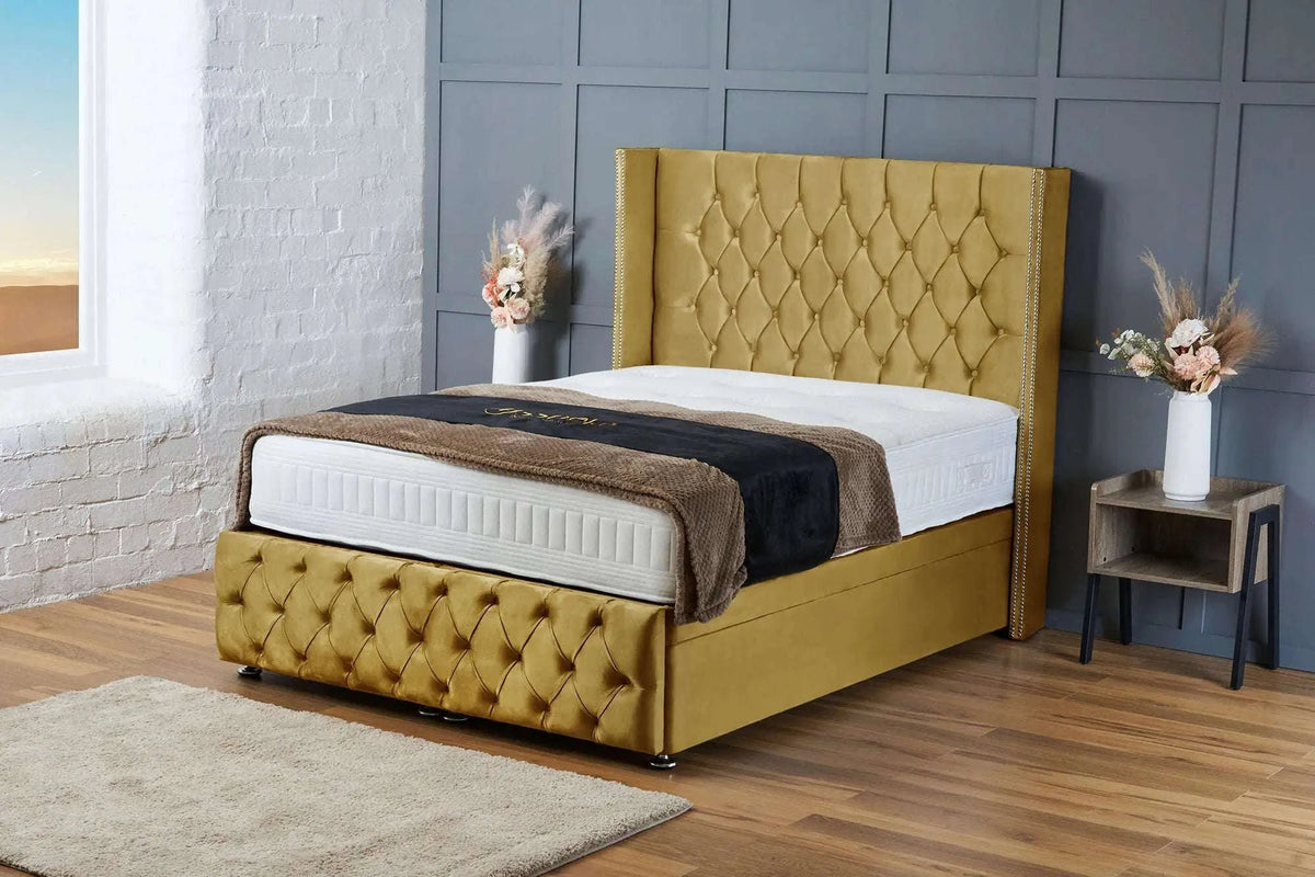 Mayfair Luxury Ottoman Storage Bed Including Headboard – Made to Order – Mustard Plush Bsspoke