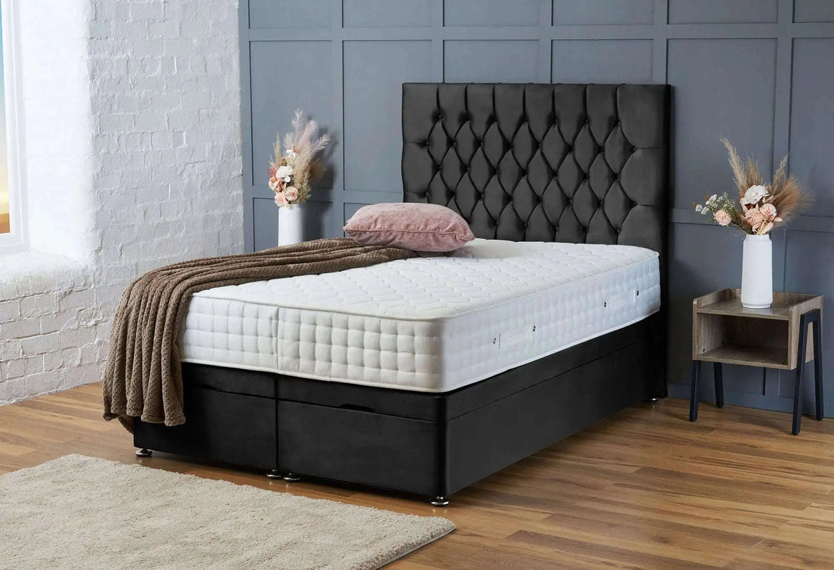 Mia Ottoman Storage Bed Including Headboard – End Lift Divan Base – Black Plush Velvet Bsspoke