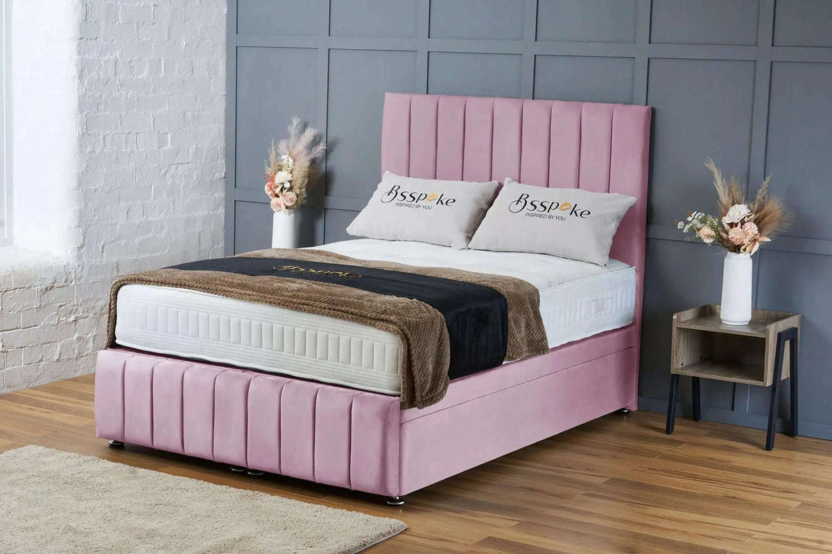 Sierra Gas Lift Ottoman Divan Bed – Handmade in UK – Pink Plush Velvet Bsspoke